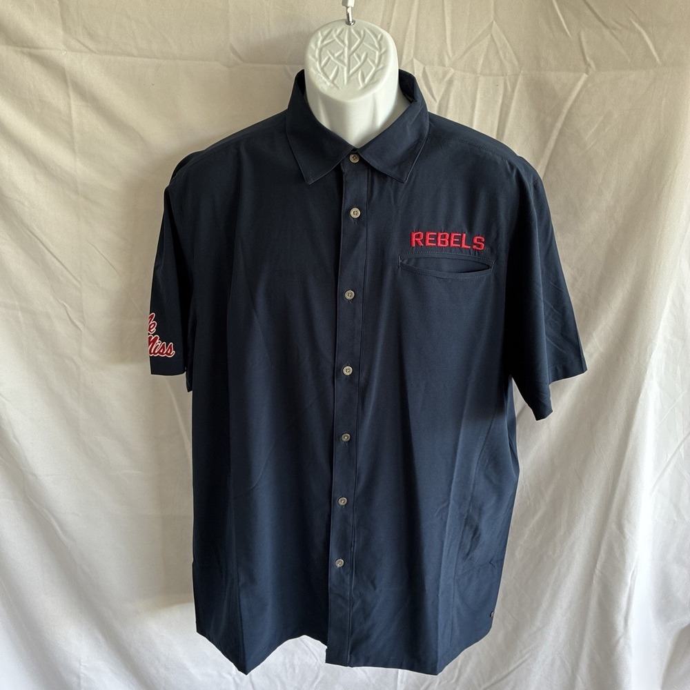 Men's Lg Shirt Ole Miss Collared Button Up Blue Red Chiliwear Short Sleeve EUC